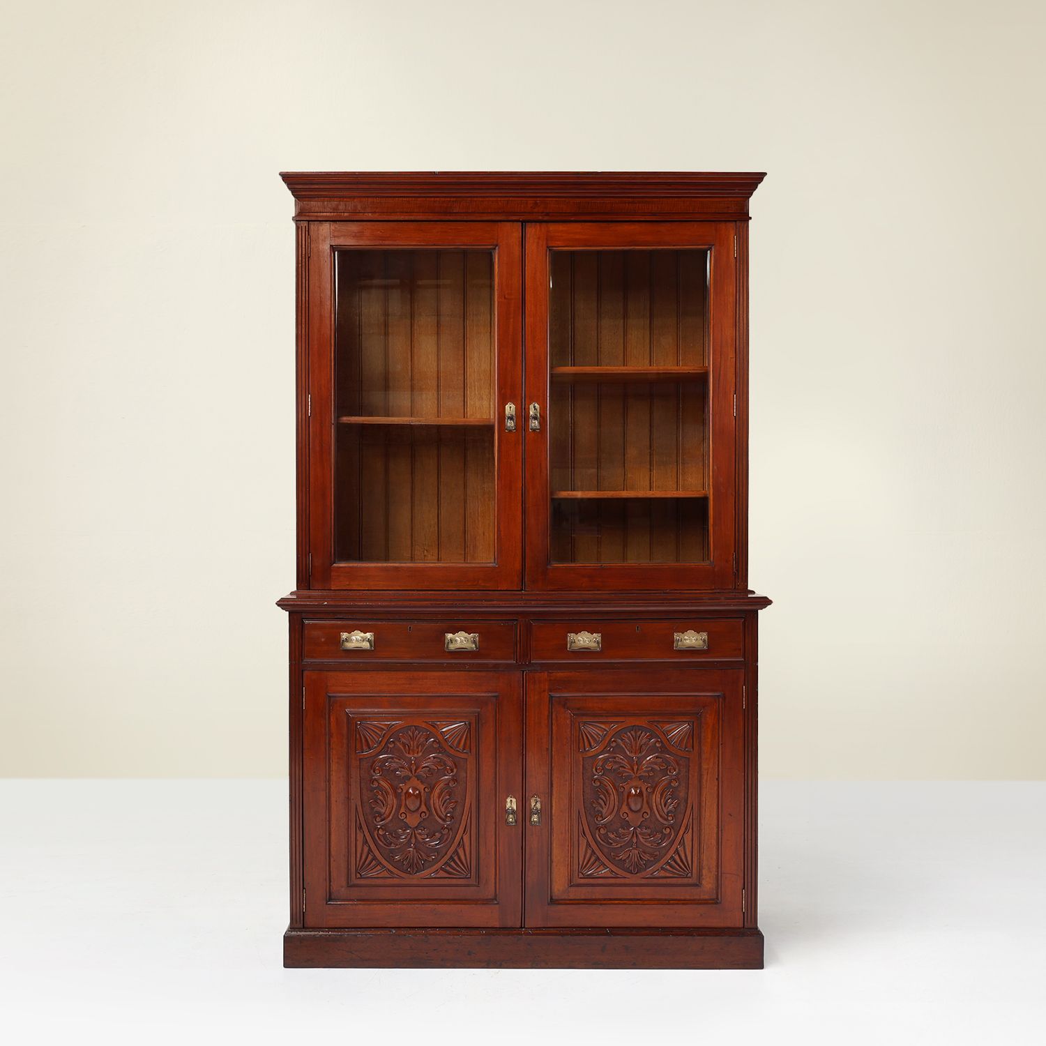 Art Nouveau Display Cabinet or Bookcase in oak with carvings and glass doors-img